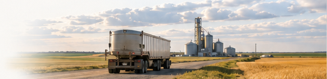 Rural Alberta road scene with a transport truck traveling beside grain fields and a distant grain elevator complex under a partly cloudy sky.