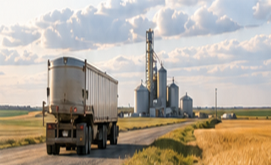 White tanker truck and agricultural storage tanks under a blue sky.
