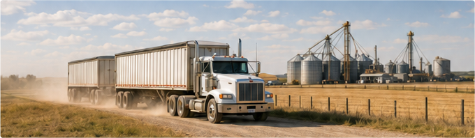 Hero photograph of a white grain semi-truck driving through a dusty golden field toward grain elevators and silos under a blue sky.