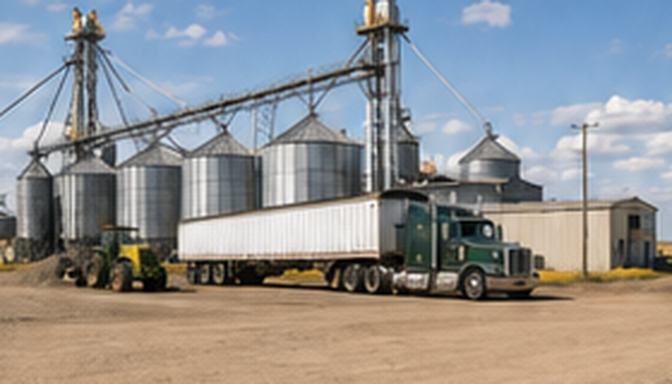 Grain storage silos beside a green farm truck at a rural agricultural yard.