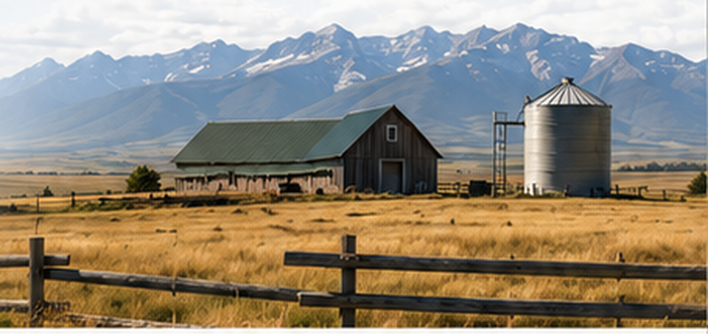 An Alberta ranch with a barn and grain bin set against foothills and mountains.