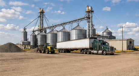Grain elevator and truck.