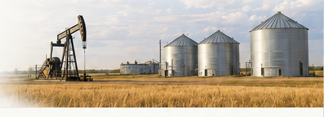 A pumpjack and grain storage silos in a golden Alberta field under a wide sky.